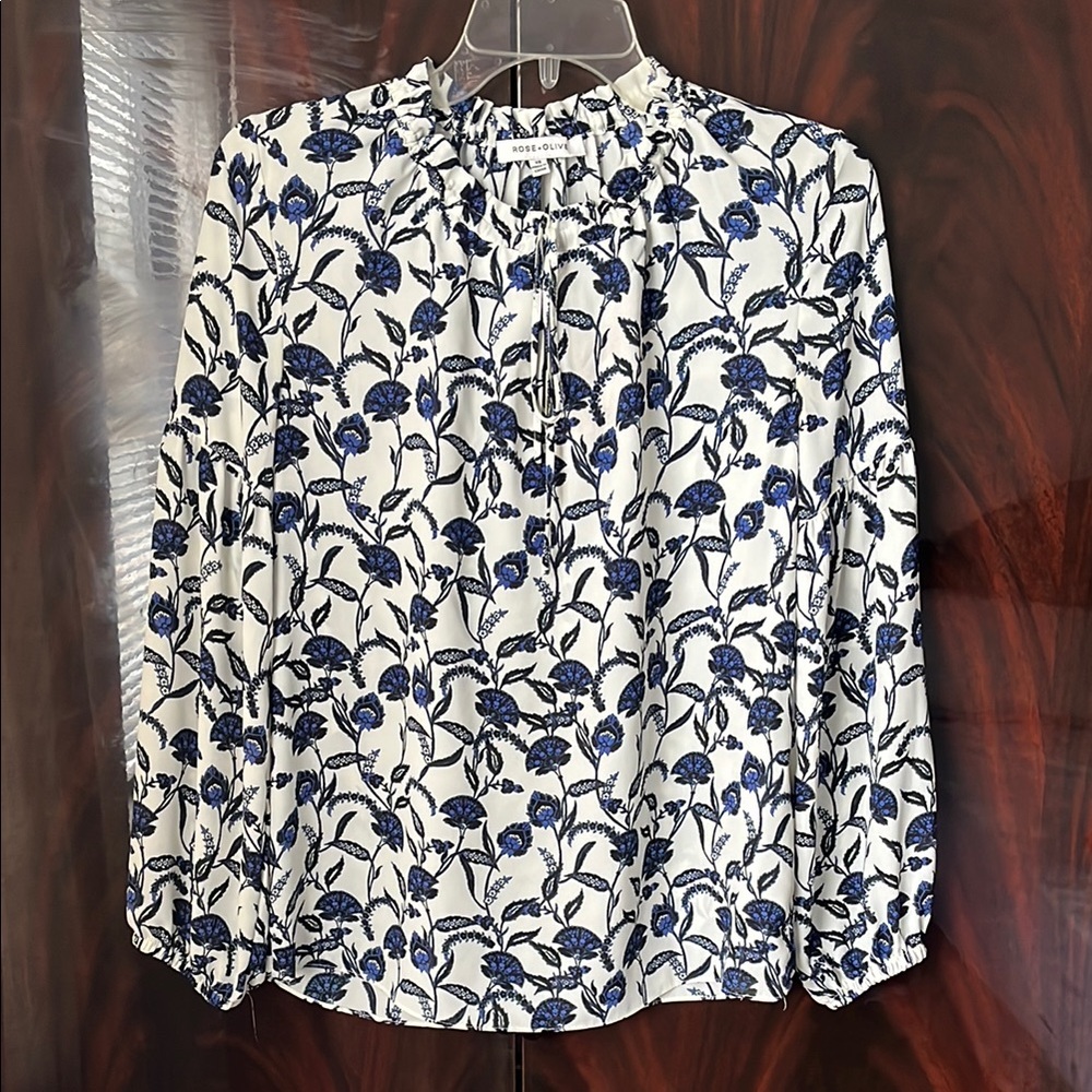 Rose + Olive Floral Blue and White Blouse